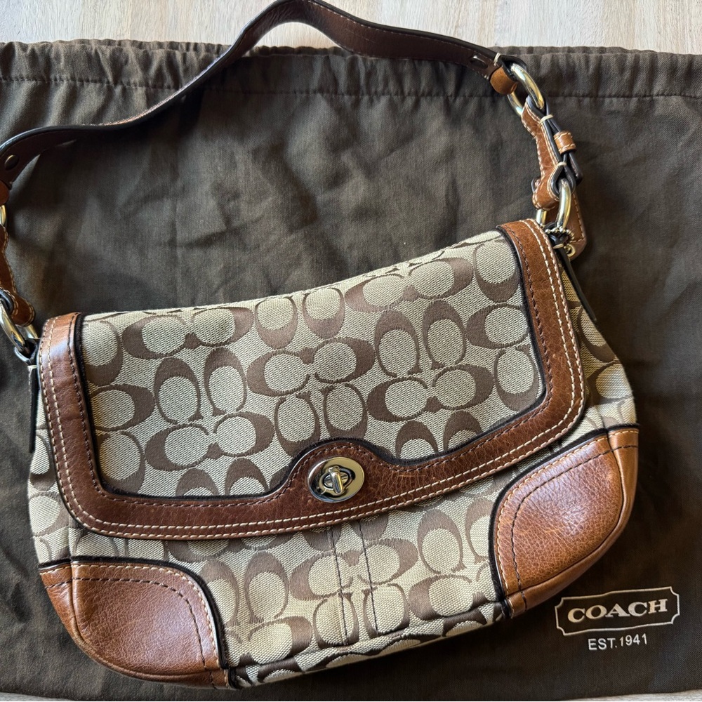 Coach Tan and Brown Signature Shoulder Bag